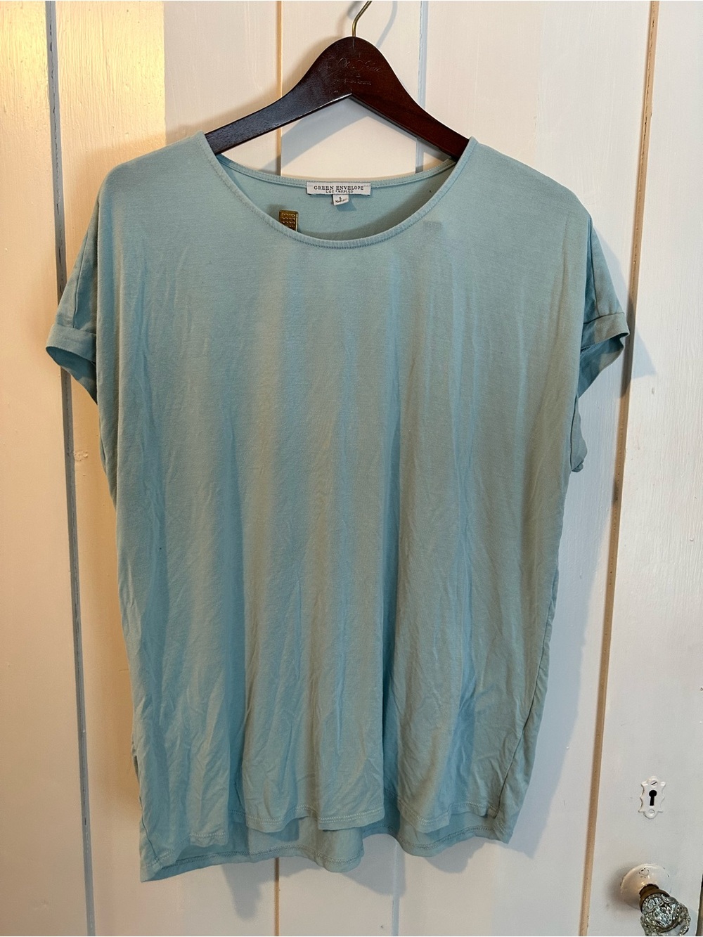 Green Envelope Light Blue Scoop Neck Short Sleeve Tee